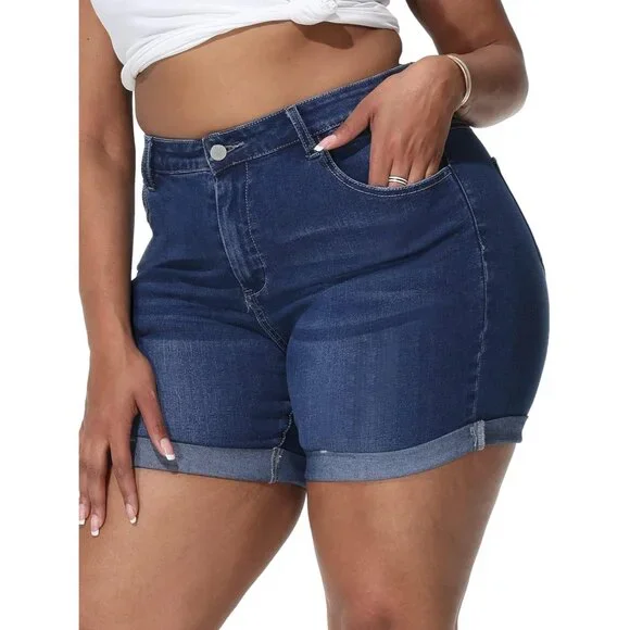 Plus Size Jean Shorts High Waisted Distressed Fold Hem Casual Denim